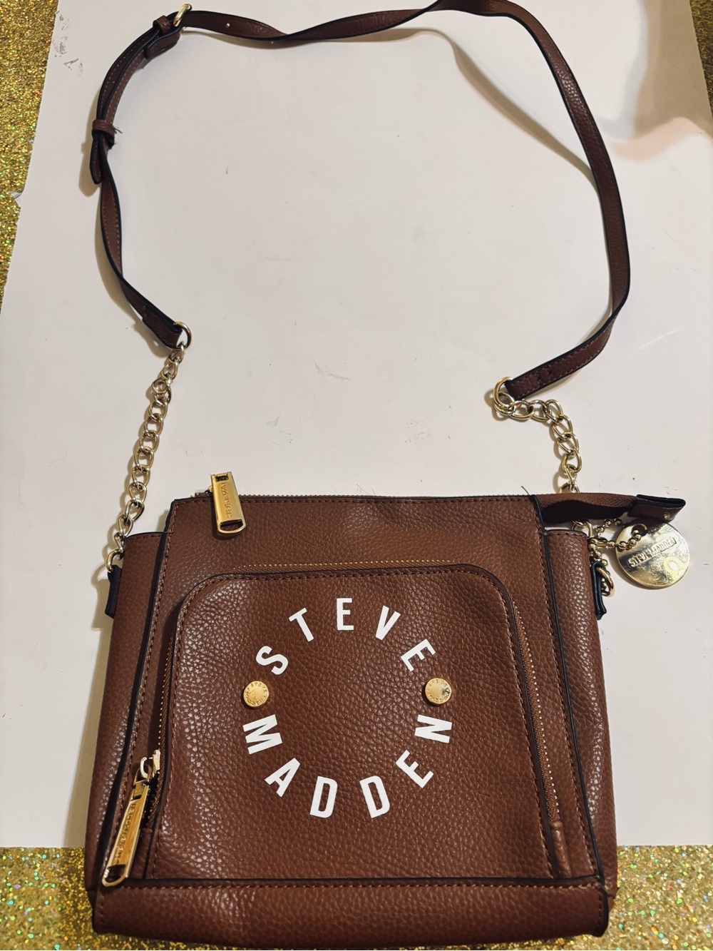 Steve Madden Brown Pebbled Leather Crossbody with Gold Accents